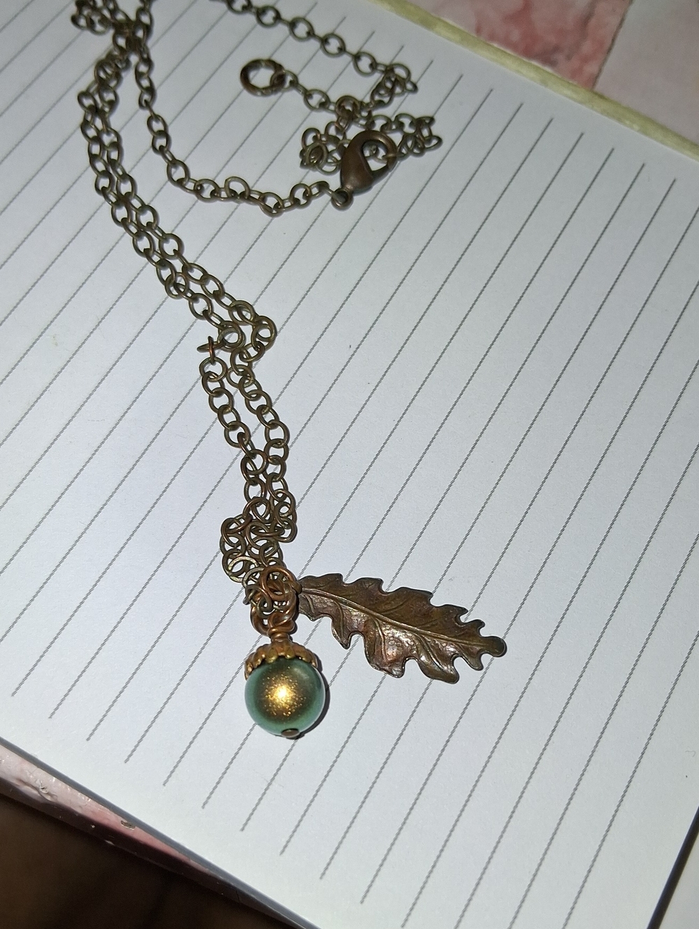 Bronze Oak Leaf Necklace with Green-Gold Bead